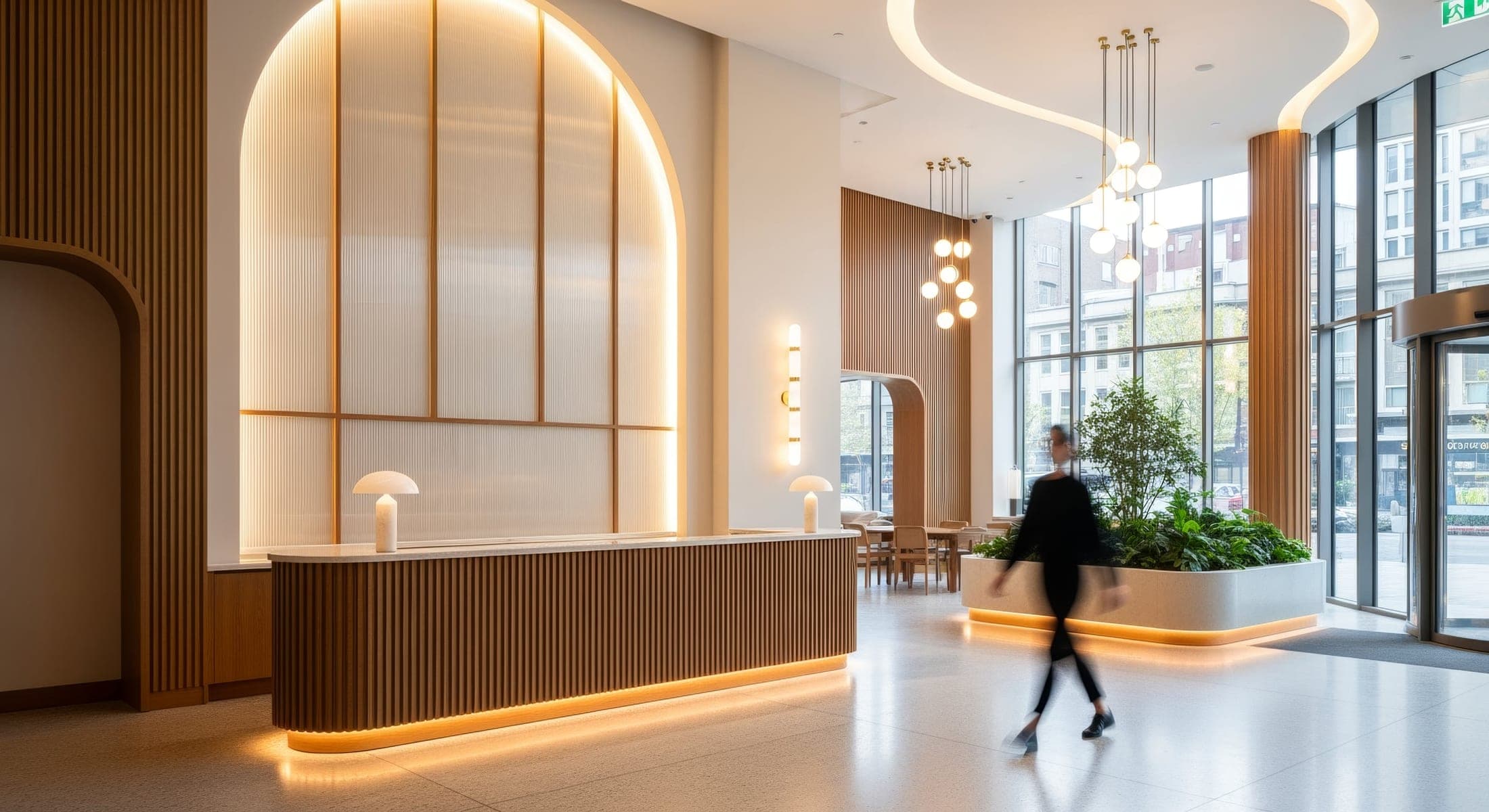 Banque d'accueil monolithique en bois cannelé et arche rétroéclairée