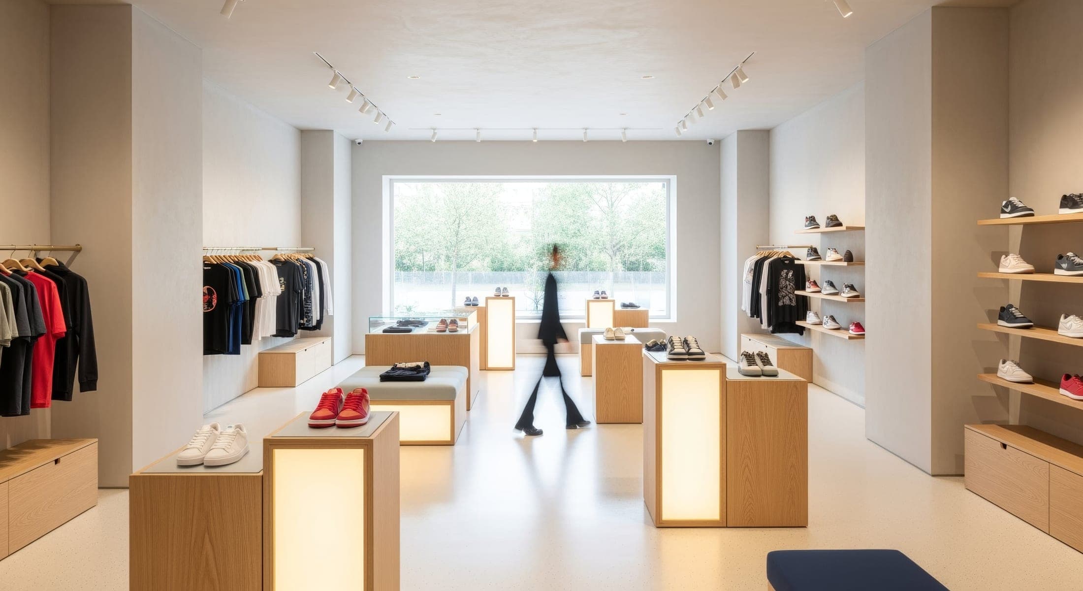 Boutique sneakers : microciment, présentoirs flottants et lumière maîtrisée