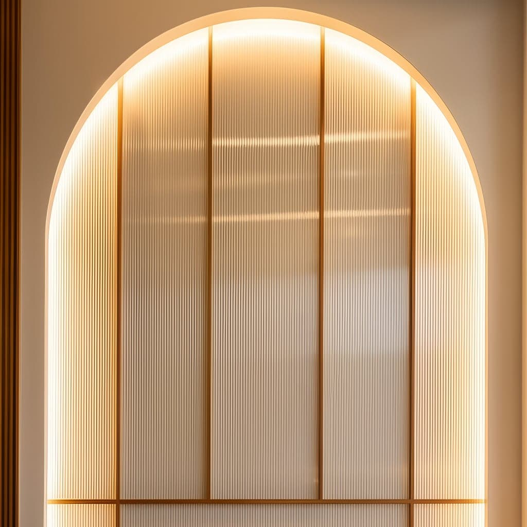 The curved fluted panel, backlit.