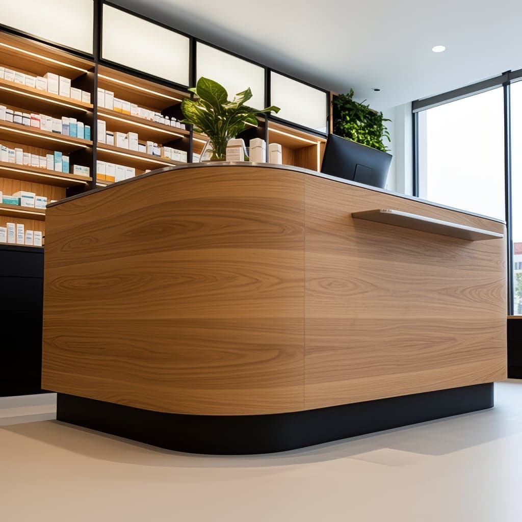The curved counter and its recessed base.