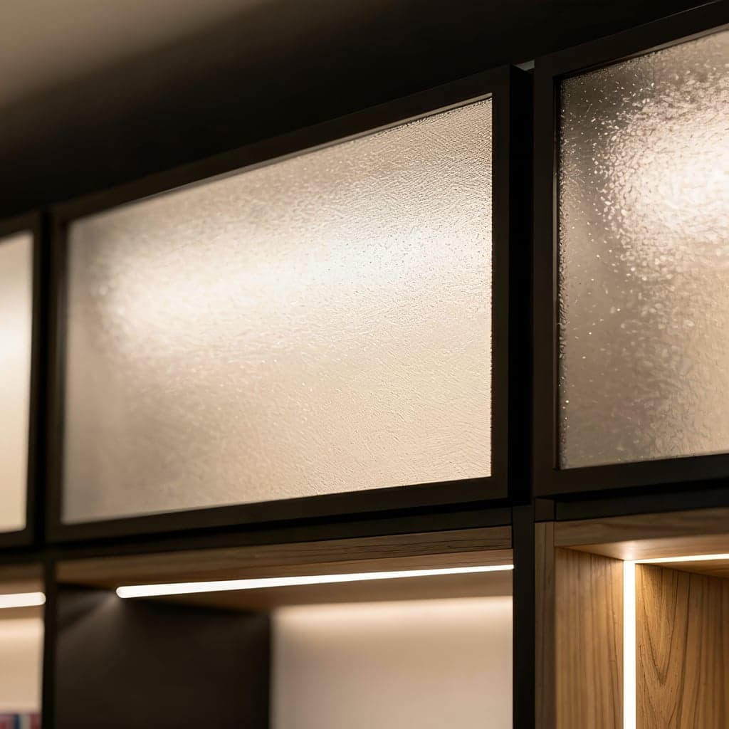 Terrazzo panels in black frames.